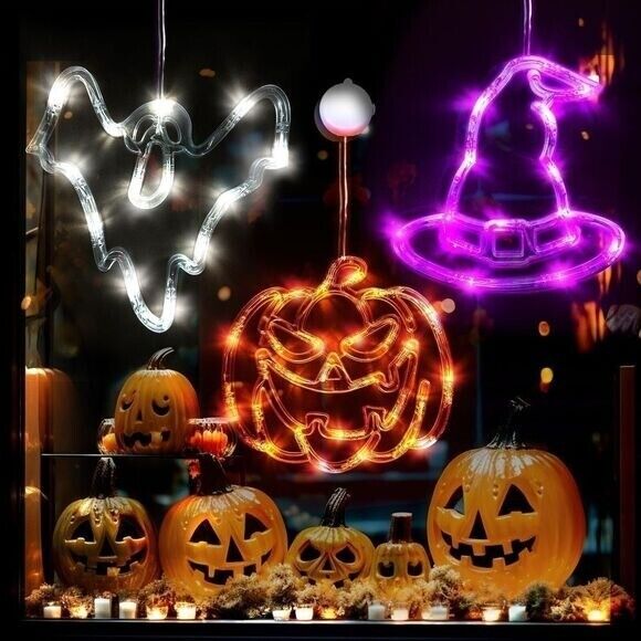 Halloween Pumpkin Bat Witch Lights 3 Pack with Suction Cup Window