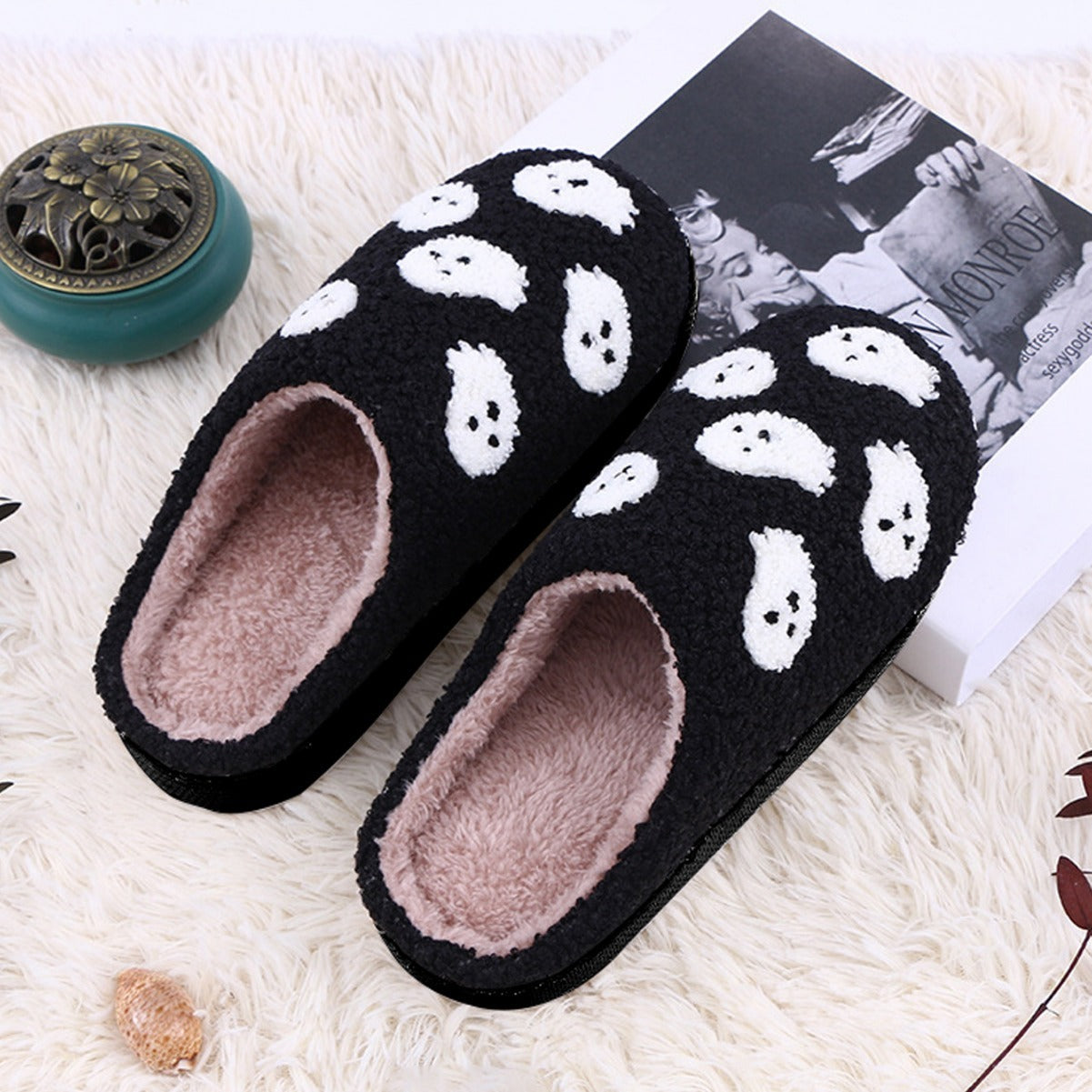 Halloween Funny Spider Ghost Scary Flat Indoor House Shoes For Women