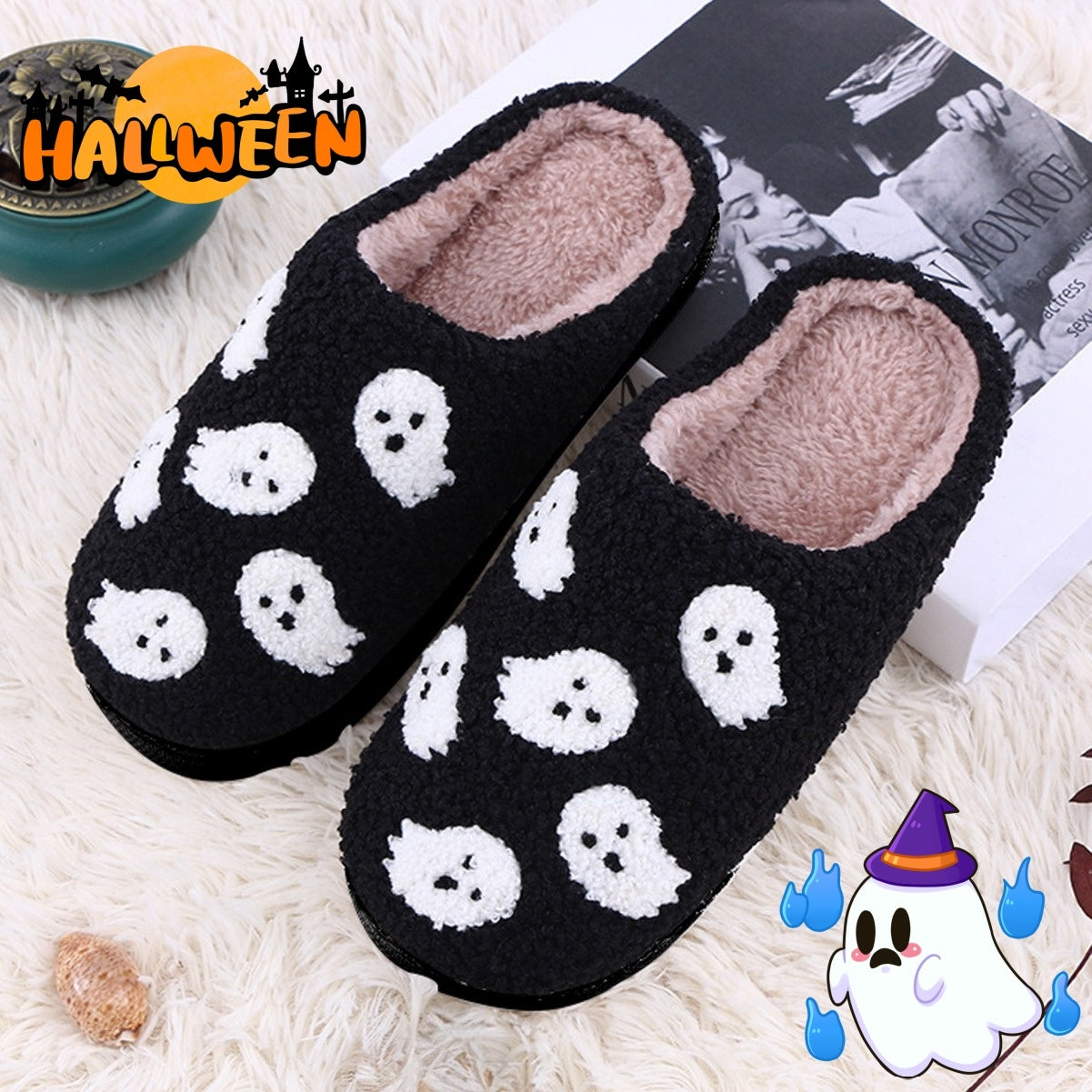 Halloween Funny Spider Ghost Scary Flat Indoor House Shoes For Women