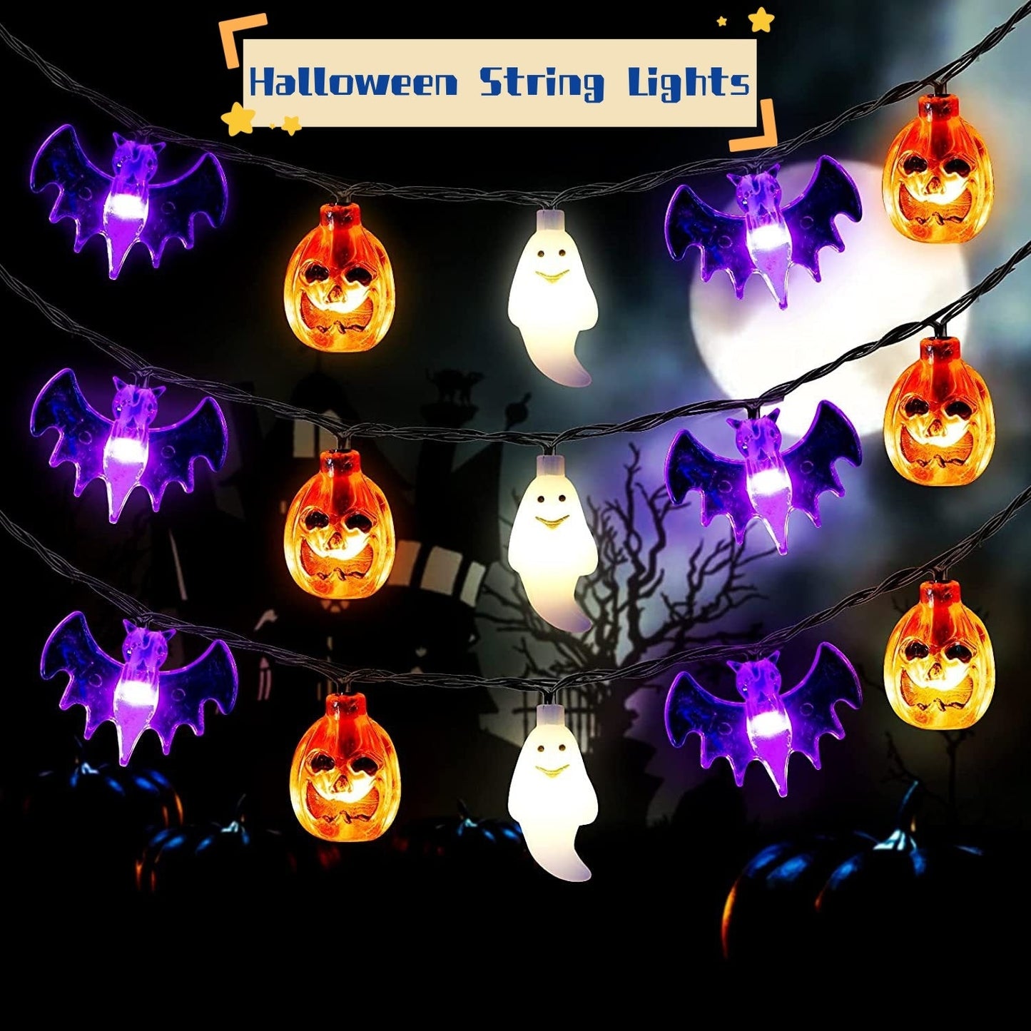 LED Halloween Pumpkin Spider Bat Skull String Light Lamp Home Garden