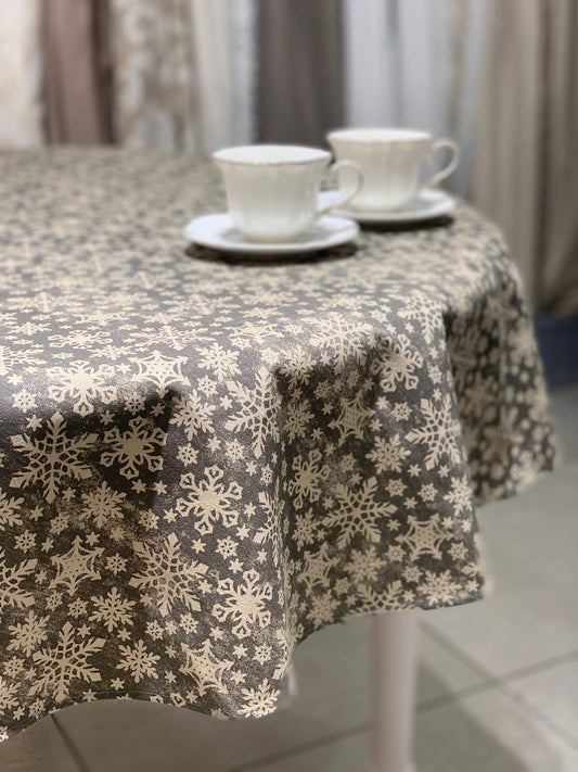 Round grey Christmas motive Tablecloth with snowflake print