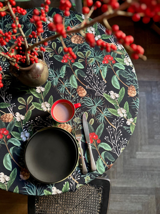 Dark Christmas motive Round Tablecloth, 100% cotton | Christmas Forest